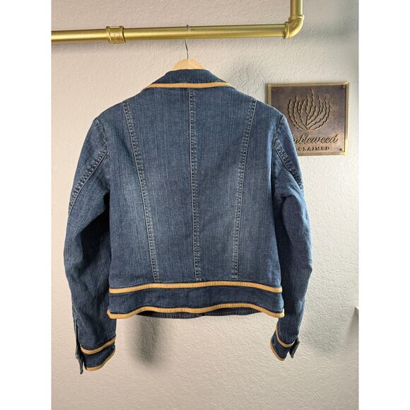 Women's Liz Claiborne Denim Blue Jean Tan Trimmed Snap Front Jacket Size 4 - Picture 8 of 9